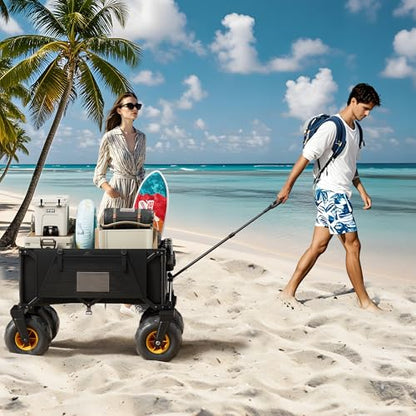 DXZ Beach Wagon Cart with Big Wheels for Sand – Folding Collapsible Wagon, Heavy Duty Wagons Carts Foldable for Beach, Camping, Outdoor Gear, Easy Setup Black Yellow - color: Black Yellow