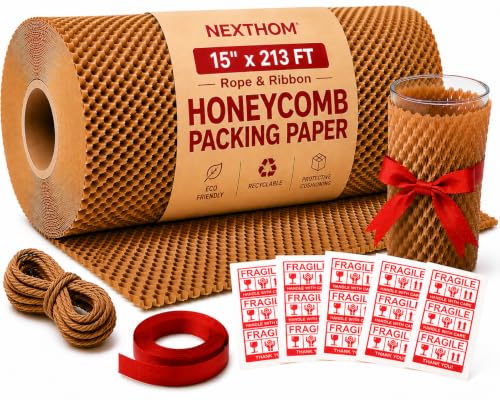 Honeycomb Packing Paper, 15 Inch x 213 FT – Eco-Friendly Recyclable Cushioning Wrap Roll for Moving & Shipping, Bubble Wrap Alternative with Rope, Ribbon & 40 Fragile Stickers - size: 15" x 213'