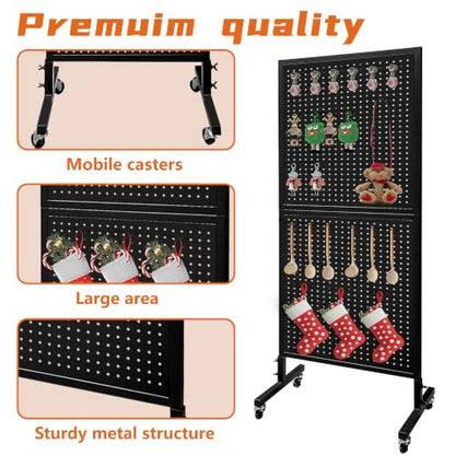 Royxen 5.3 x 1.9 Ft Standing Pegboard Display with T-Base, Locking Wheels and 20 Hooks, Metal Peg Board Display Stand for Craft Shows, Vendors and Retail Stores, Black - color: Black