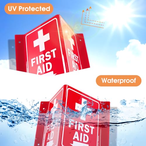 Faittoo First Aid Sign, 3 Pack First Aid with Cross Symbol - 6 x 8 Inches V-Shaped Acrylic Plastic, 4 Pre-Drilled Holes, Includes Matching Screws, Use for Home Office/Business - style: V-shaped 3 Pack