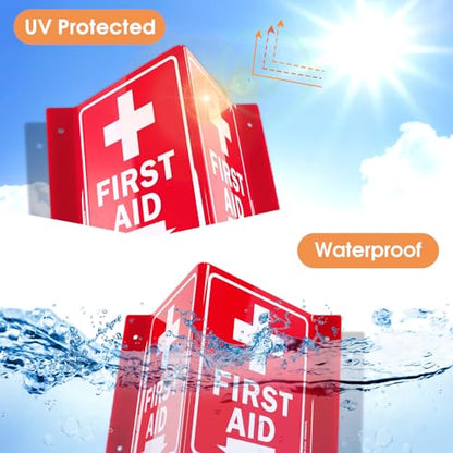 Faittoo First Aid Sign, 3 Pack First Aid with Cross Symbol - 6 x 8 Inches V-Shaped Acrylic Plastic, 4 Pre-Drilled Holes, Includes Matching Screws, Use for Home Office/Business - style: V-shaped 3 Pack