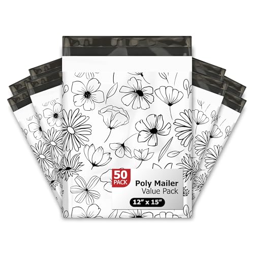 12x15 (50) Black and White Floral Summer Designer Poly Mailers Waterproof Self Sealing Tear Resistant Polymailers Shipping Envelopes Premium Printed Bags For Small Businesses - color: Black and White Flowers, size: 12x15 inches