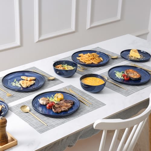Vicrays Ceramic 12 Pieces Dinnerware Set - Dinner Plates Salad Plates Cereal Bowls Set Service for 4 - Scratch Resistant Microwave Oven Dishwasher Safe - Blue - color: Blue