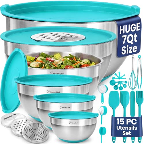 Priority Chef Stainless Steel Mixing Bowls with Lids Set - Premium 30Pcs with 6pc Metal Bowl Set for Kitchen, 3 Graters, Airtight Lids, Non-Slip Bases & Silicone Utensils, Turquoise - color: Turquoise