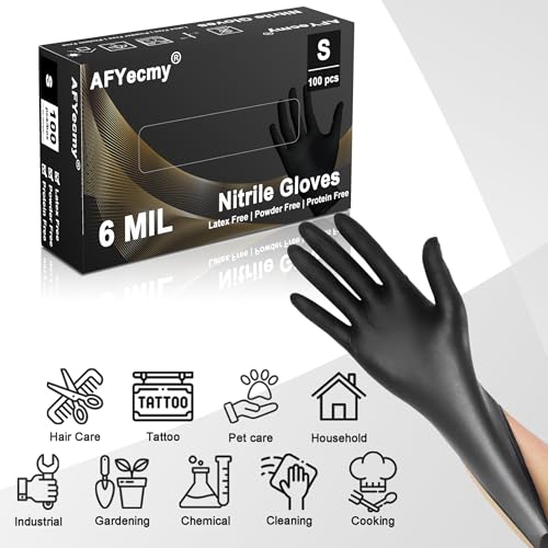 Disposable Nitrile Gloves, Chemical Resistant, Powder and Latex Free, Food Safe, Black Heavy Duty Gloves, 6 Mil, 100 Count, Small - size: Small, style: Black 6mil Box of 100