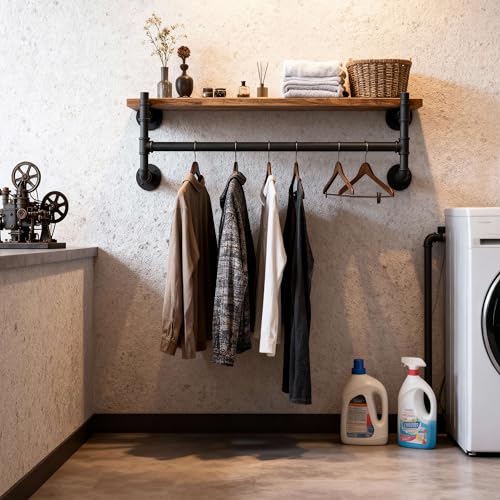 WEBI Wall Mounted Clothes Rack with Shelf,36" Industrial Pipe Clothing Rack with Shelf with Hanging Rod,Heavy Duty Iron Garment Rack Bar,Retail Display Clothes Rod for Laundry Room,Closet,Black - color: Black, size: 36 Inch
