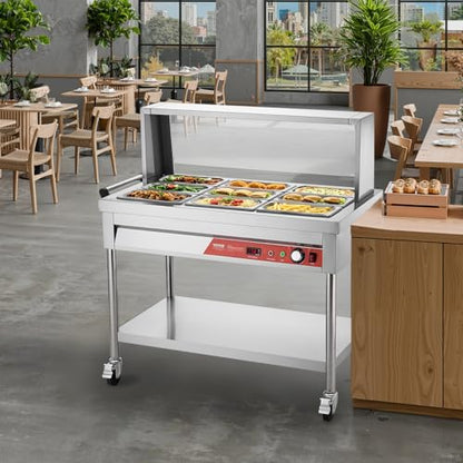 VEVOR 9-Pan Commercial Food Warmer, 9 x 1/3 Pans Electric Steam Table, 1500W Professional Buffet Catering Food Warmer with Shield Undershelf Wheels, Stainless Steel Server for Party Restaurant - size: 9-Pan