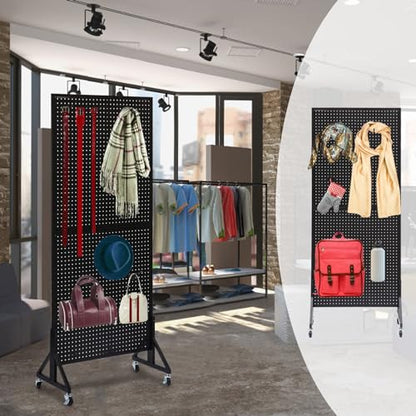 Eastern Tree 2.5'x 6' Metal Pegboard Display Stand with T-Base, Black Peg Board Panels Display with Casters, Standing Pegboard Display, Retail Display Stand, Extra 10 Pieces Hooks, Black - size: 1-Pack Black