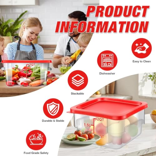 Square Storage Container with Lid, Commercial Box with Measurement Marks & Handle, for Baking, Dough Proofing, Meat Brining, Kitchen Tool (Red, 2QT-4PACK) - size: 2QT-4PACK