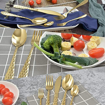 20 Piece Silverware Set for 4, Hammered Silverware Set 18/10 Stainless Steel Tableware Cutlery Flatware Spoons and Forks Set for Home Kitchen Restaurant, Unique Utensils Set Dishwasher Safe (Gold) - color: Gold