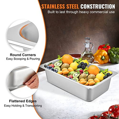 VEVOR 6 Pack Hotel Pans, Full Size 6-Inch, Stainless Steel Steam Table Pans，Anti-Jam Catering Trays for Steam Tables, for Home, Party, Restaurant, Hotel, Buffet - size: 1/1 Size, style: 6 inch Deep 6 Pack