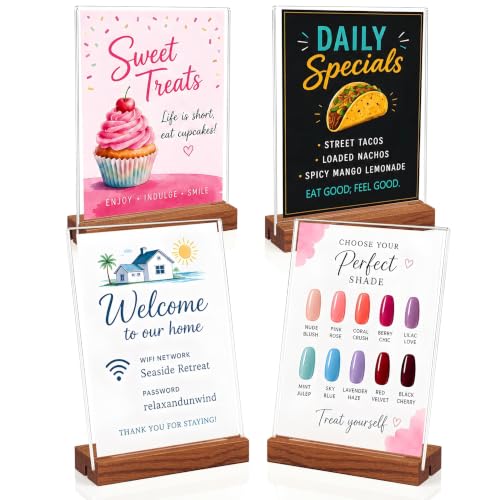 5x7 Acrylic Sign Holder with Wooden Base 4 Pack Adjustable Vertical/Tilt - color: Warm Brown, size: 5"x7"