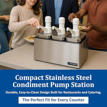 San Jamar CFS Jamar P9713 Stainless Steel Condiment Pump Service Center with 3 Wells Black Jars, 14" Length x 7-7/8" Width x 12-1/2" Height - style: 3 Pumps