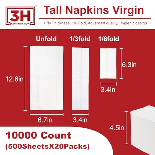 Tall-Fold White Paper Napkins Disposable - 10000 Count (20 Pack, 500/Pack) 1-Ply, 1/6 Fold, 6.3"×3.4" Folded, 12.6"×6.7" Unfolded, Bulk For Restaurant, Catering, Buffet & Café Refill - size: 10000 Ct 1/6-Tall-Fold