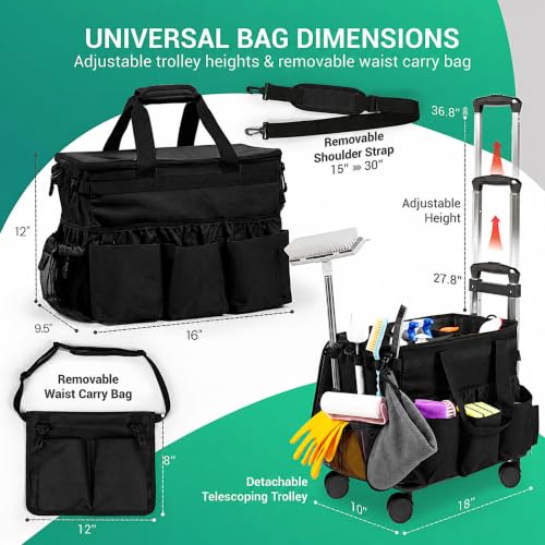 Rolling Cleaning Caddy Bag w/Detachable Trolley & Lid (Black) - color: Black