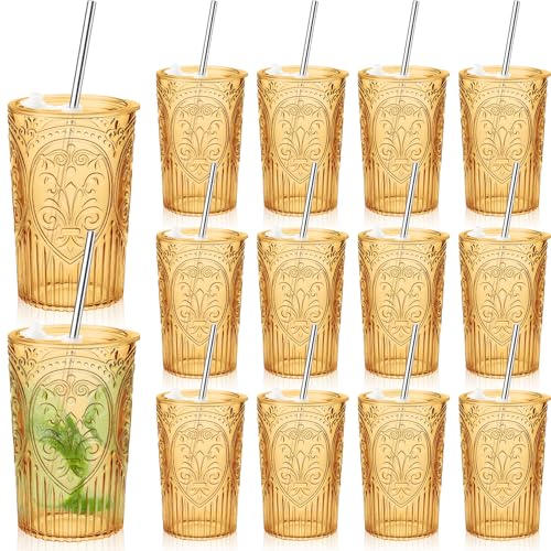 Wiwiqing 12 Set 16oz Vintage Tumbler with Lid and Straw Bulk, Amber - color: Amber