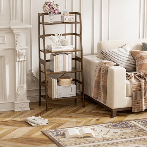 HITNET Ladder Shelf, 4-Tier Bamboo Bookshelf, Freestanding Open Display Storage Rack, Space Saving Flower Plant Display Stand for Bathroom Living Room, Walnut - color: Walnut