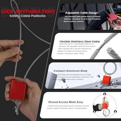 Cable Lock with 3 Keys | L 3.28ft(1m),D 1/6in(4mm) Adjustable Steel Cable Padlock | Aluminum Locks for Bikes, Gate, Lockers & Outdoor Gear | Weatherproof & Red - color: red-L 3.28ft(1m),D 1/6in(4mm)