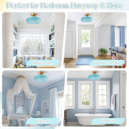 Lighting Mid Century Glass Flush Mount Ceiling Light Nordic Round Semi Flush Mount Ceiling Light Fixtures wtih Blue Dome Glass Shade Bathroom Overhead Lights Hallway Lights Fixture - color: Flush-Blue 2