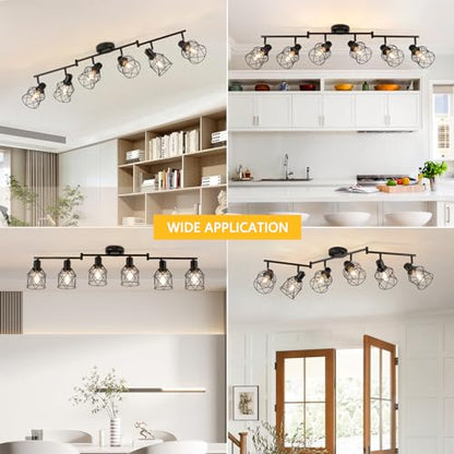 WILON Track Lighting Kit 6 Way Ceiling Spotlight-Industrial Flush Mount Ceiling Light Black Kitchen Ceiling Light Fixtures Kitchen Track Lighting Flexibly Rotatable Light Head E26 Base - color: Black, size: 6-Light-Cage