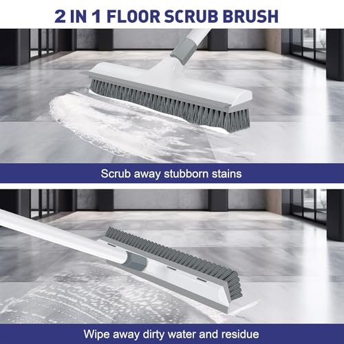 Yolaist 60 inch Long Handle Floor Scrub Brush, 2 in 1 Heavy Duty Hard Bristle Deck Scrubber & Squeegee for Tile, Wall, Concrete, Shower, Bathroom, Kitchen, Garage, Patio