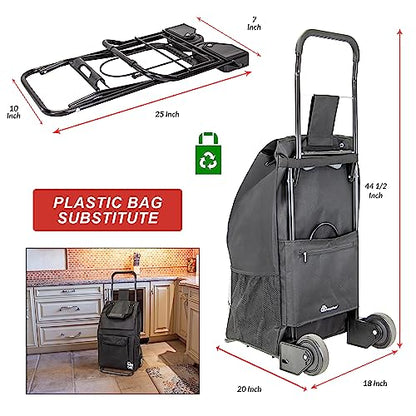dbest Products Trolley Dolly Compact with Pockets – Foldable Grocery Cart on Wheels – Multi Use Rolling Cart with Removable Bag, Storage Pockets, and Hand Truck Dolly Function, Black - size: Compact