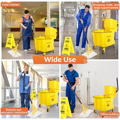 38 Qt Commercial Mop Bucket with Side Press Wringer on Wheels and Mops Set for Floor Cleaning,Including 1 Industrial Mop and Wet Floor Caution Sign,Yellow,Beyoco