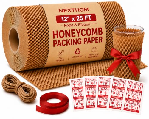 Honeycomb Packing Paper, 12 Inch x 25 FT – Eco-Friendly Recyclable Cushioning Wrap Roll for Moving & Shipping, Bubble Wrap Alternative with Rope, Ribbon & 40 Fragile Stickers - size: 12" x 25'