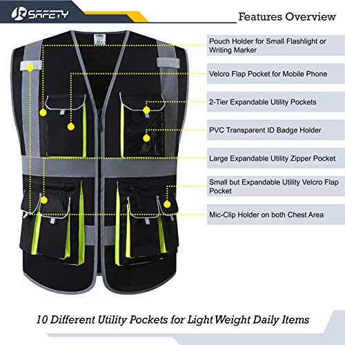 JKSafety Hi Vis Safety Vest for Men Women WIth 10 Pockets JK88 Black M - color: Black, size: Medium