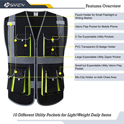JKSafety Hi Vis Safety Vest for Men Women WIth 10 Pockets JK88 Black M - color: Black, size: Medium