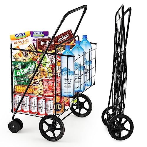 Folding Shopping Cart, Grocery Cart with Swiveling Wheels & Non-Slip Handle, Rolling Trolley with Double Storage Baskets, Utility Metal Carts for Shopping Laundry Luggage Groceries (Black) - color: Black