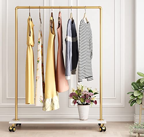 Gold Metal Clothing Rack with Wood Shelf, Heavy Duty Rolling Garment Rack with Wheels for Bedroom Retail Boutique Use (49.21L inches) - style: single-medium