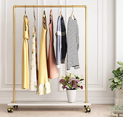 Gold Metal Clothing Rack with Wood Shelf, Heavy Duty Rolling Garment Rack with Wheels for Bedroom Retail Boutique Use (49.21L inches) - style: single-medium