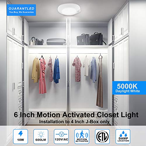Closet Lights Motion Sensored Indoor Ceiling Mount LED-10W 5000K Closet Stair Porch Ceiling Pantry Motion Activated Light 6-7/8 Inch 90CRI 600lm Hardwire to Junction Box, No Battery, Damp Rated 4 Pack - color: 5000K Daylight 4PK