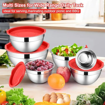 LIANYU 6 PCS Red Mixing Bowls Set, Household Essentials Gift for New Home - color: Red, style: Atlas Base with Airtight Lids