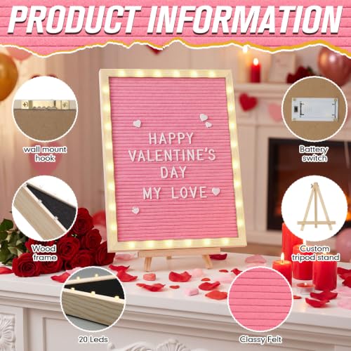 12 x 16 Inches Felt Letter Board & LED Light, Pink, Natural Wood - color: Pink, size: 12 x 16 Inches, style: Natural Wood