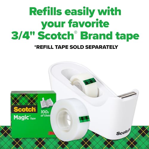 Scotch Tape Dispenser, White, Great for School or Office and Includes 1 Roll of Scotch Magic Tape 3/4 in x 350 in, ABS Material - size: (Pack of 1)