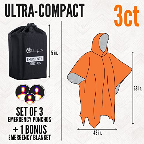 Lingito Rain Ponchos Family Pack - Emergency Drawstring Hood Poncho for Children & Adults Lightweight Reusable or Disposable - color: Orange, style: Thermal (3+1-pack)