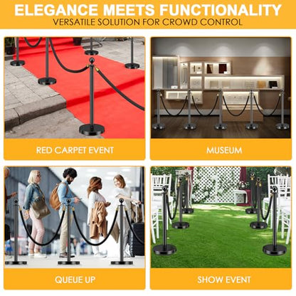 LOVMOR 12Pcs Black Stanchion Posts Queue with 8pcs Black Velvet Rope, Crowd Control Barriers Queue Line Rope, Crowd Control Stanchion for Party Supplies - color: Black-12pack