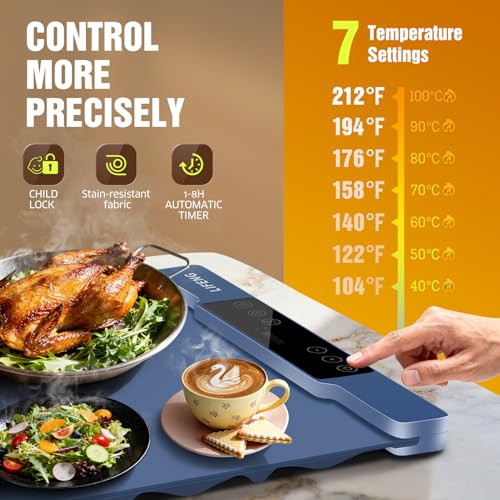 LIFENG Food Warming Mat, Extra Large 25.6×13.4 Inch Silicone Electric Warming Tray, Rollable Portable with 7 Temp Settings, Even Heating Easy Clean for Holiday Party Buffet Daily Kitchen Use, Blue - color: Blue, size: 25.59x13.39Inch