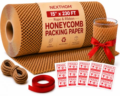 Honeycomb Packing Paper, 15 Inch x 230 FT – Eco-Friendly Recyclable Cushioning Wrap Roll for Moving & Shipping, Bubble Wrap Alternative with Rope, Ribbon & 40 Fragile Stickers - size: 15" x 230'