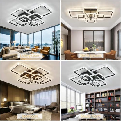 41.3in Modern Ceiling Light Fixture,Crystal Led Ceiling Lights for Living Room Light Fixture,White 8 Square Crystal Frame Dimmable with Remote Controller - color: Black, size: L41xW33in,8Light