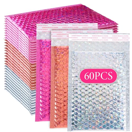 60 Pcs Bubble Mailers Holographic Bubble Mailers Opaque Padded Envelopes Self Seal Shipping Envelopes for Mailing, Packaging, Boutique, Thick Bubbles Padded Mailer - 5.9 x 7.87 Inch