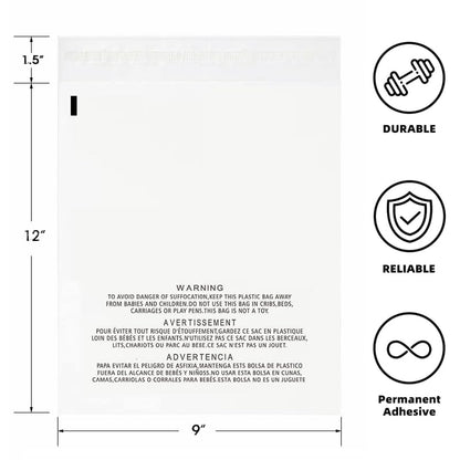 POLYSELLS 100 Count 9x12” Clear Poly Bags with Suffocation Warning Self-Sealing Plastic Bags for Shipping, Retail Packaging, T-Shirts & Clothing - Permanent Adhesive - color: Transparent, size: 9"x12" 100 Count