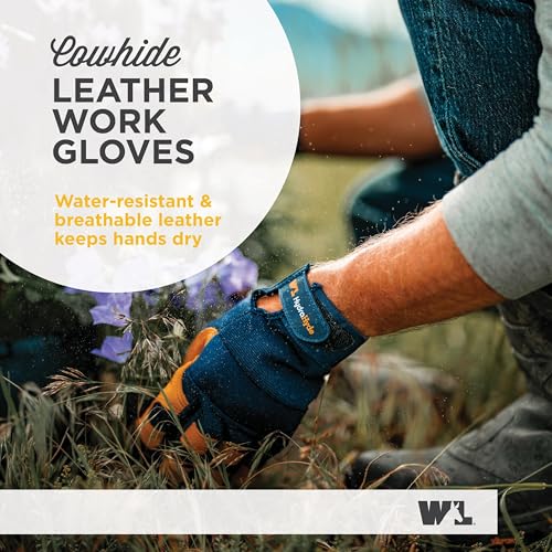 Wells Lamont Men's Leather Palm Work Gloves – HydraHyde Water-Resistant Leather, Flexible Spandex Back, Adjustable Closure - color: Blue, size: Large