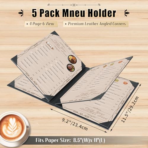 Restaurant Menu Covers Holders 8.5 X 11, 5 Pack Synthetic Leather Menu Holder Covers Book Style with Angled Corners Black for Wine List, Certificate Organizer Diploma Holder (4 Page 6 View) - size: 4 Page 6 View