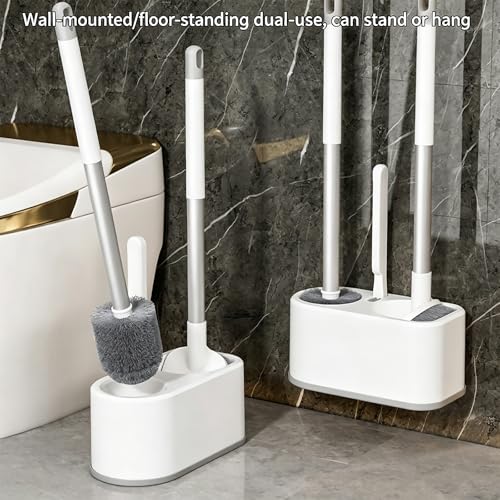 Basaza Toilet Bowl Brush and Holder White Toilet Brush and Holder Set Toilet Scrubber for Bathroom Hidden Toilet Cleaner Brushes Floor-Standing or Wall-Mounted - color: #Ab White 3 in 1 Toilet Brush and Holder Set