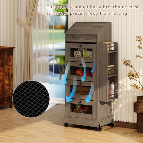 ARTETHYS Potato Storage Bin 5-Tier Rolling White Bread Box with Side Rack - color: Gray