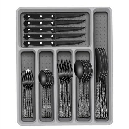 49-Piece Black Silverware Set with Organizer, Food-Grade Stainless Steel Black Flatware for 8, Cutlery Utensil Sets with Steak Knives, Rust-proof, Mirror Polished, Dishwasher Safe, Tree Pattern - style: Tree Pattern