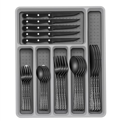 49-Piece Black Silverware Set with Organizer, Food-Grade Stainless Steel Black Flatware for 8, Cutlery Utensil Sets with Steak Knives, Rust-proof, Mirror Polished, Dishwasher Safe, Tree Pattern - style: Tree Pattern